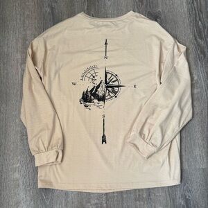 SHEIN Tan Long Sleeve Tee with Compass Graphic